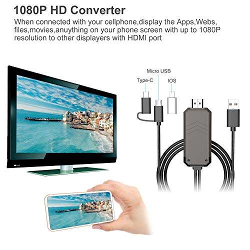 Yasolote 3 in 1 Phone to HDMI Cable, HDMI Adapter Cord Compatible with TV/Projector/Monitor, 1080P Av Convertor for iPhone, iPad Air, Mini, Pro, iPod Touch, Plug and Play 4