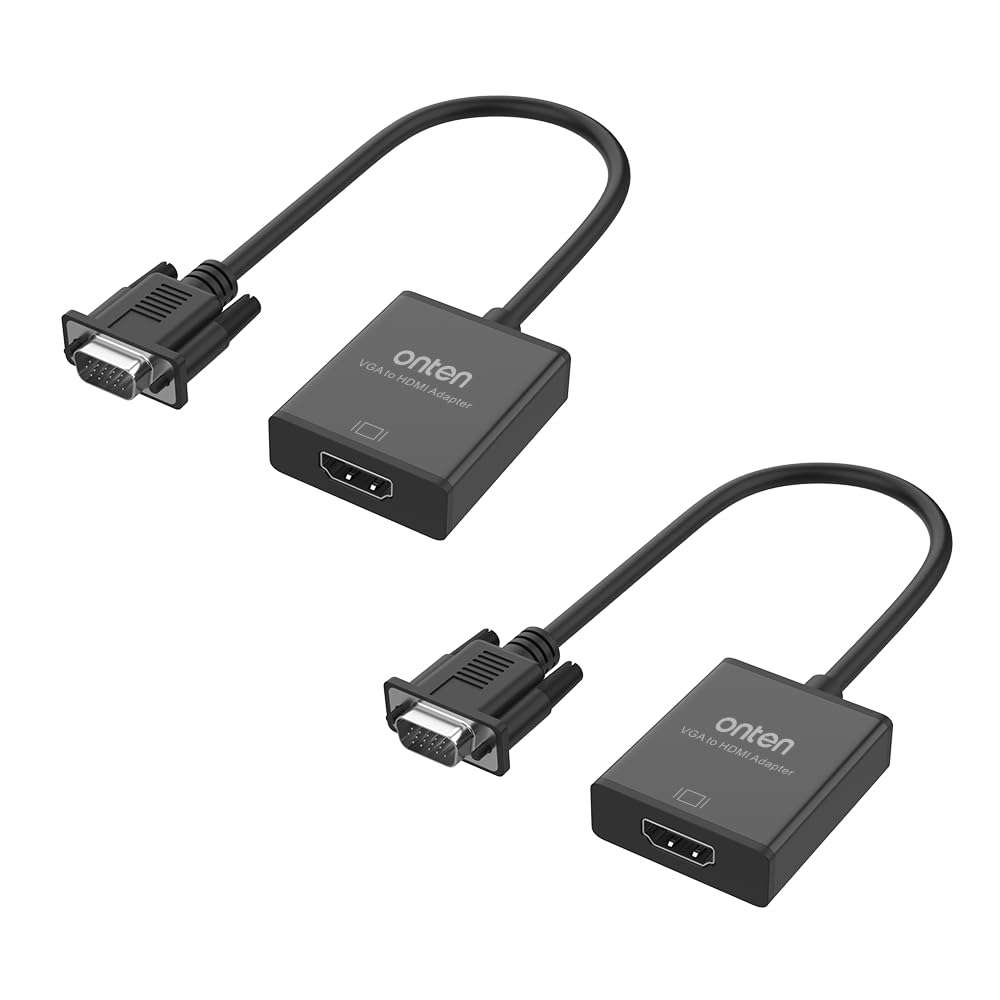 ONTEN VGA to HDMI Adapter, 1080P VGA to HDMI (Male to Female) for Computer, Desktop, Laptop, PC, Monitor, Projector, HDTV with Audio Cable and USB Cable (Black)(2 - Pack) 1