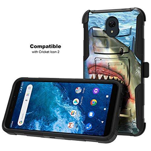 TurtleArmor | Compatible with Cricket Icon 2 Case | U325 [Hyper Shock] Hybrid Reinforced Dual Layer Case Belt Clip Holster Stand Sea Ocean - Shark Attack 3