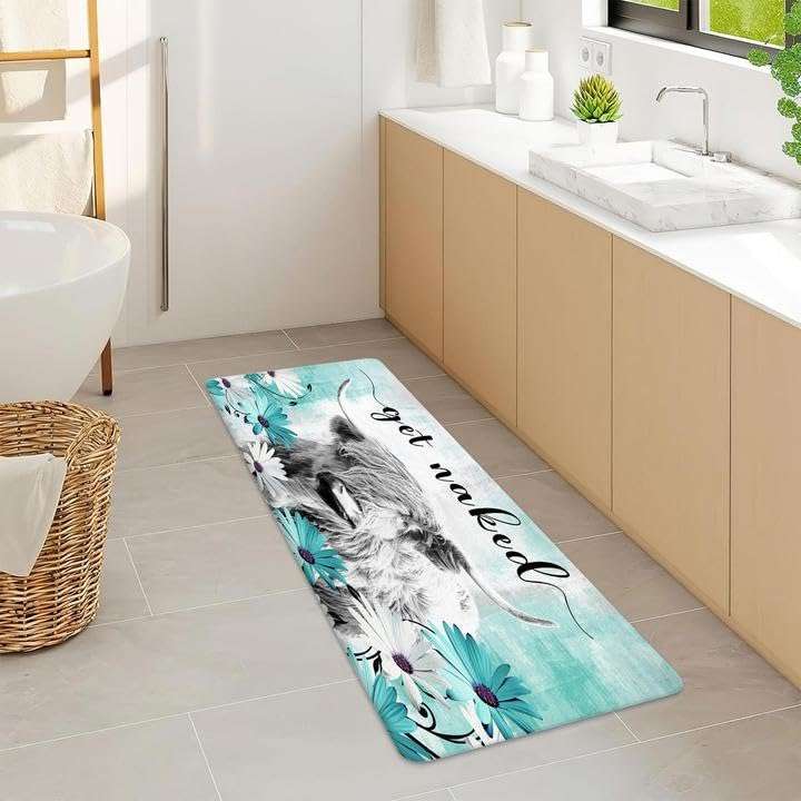 Bcsewcg Get Naked Bath Mat for Bathroom, Farmhouse Highland Cow Non-Slip Bathroom Rug,Teal Floral Western Cow Bath Mat,Bathroom Accessories 6