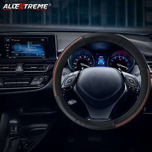 AllExtreme EXB2FM1 PU Leather Universal Anti-Slip Perforated Car Auto Steering Wheel Cover with Finger Design (37cm, Black) 3