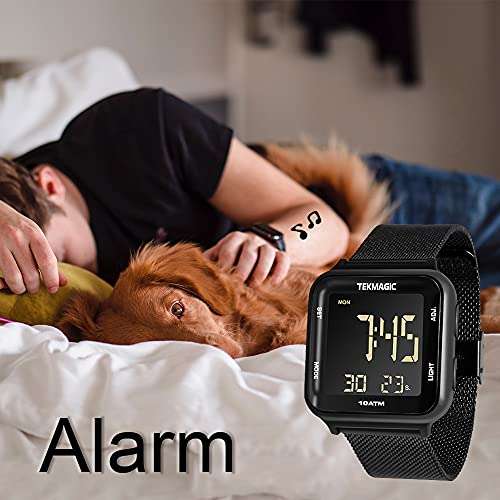 TEKMAGIC 10 ATM Waterproof Digital Watch with Stainless Steel Wristband Support Swimming Diving Wear 100m Underwater, Alarm Clock, Chronograph, Timer, Countdown, Dual Time Zone, 12 or 24 Hour Format, 4