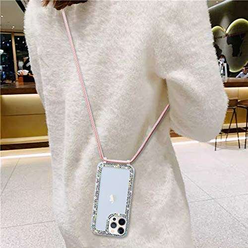 Bonitec Compatible with iPhone 12 Pro Max Crossbody Case 3D Glitter Sparkle Bling Luxury Shiny Crystal Rhinestone Diamond Clear Protective Girly Cover Adjustable Neck Strap Lanyard Band for Women 2