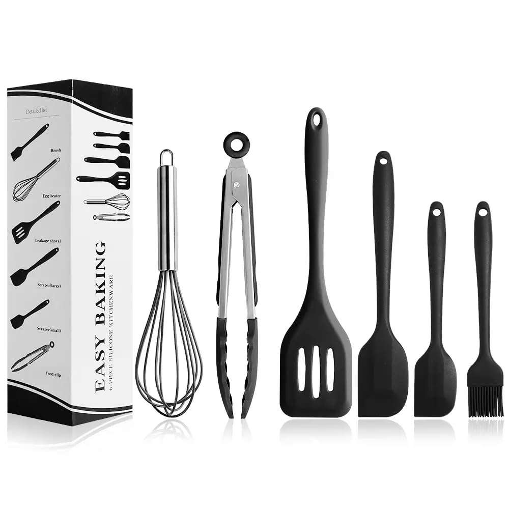6-Piece Silicone Spatula Set – Heat Resistant, Non-Stick, Flexible, BPA-Free Kitchen Utensils for Cooking, Baking, Mixing & Icing with Seamless One-Piece Design – Black 1