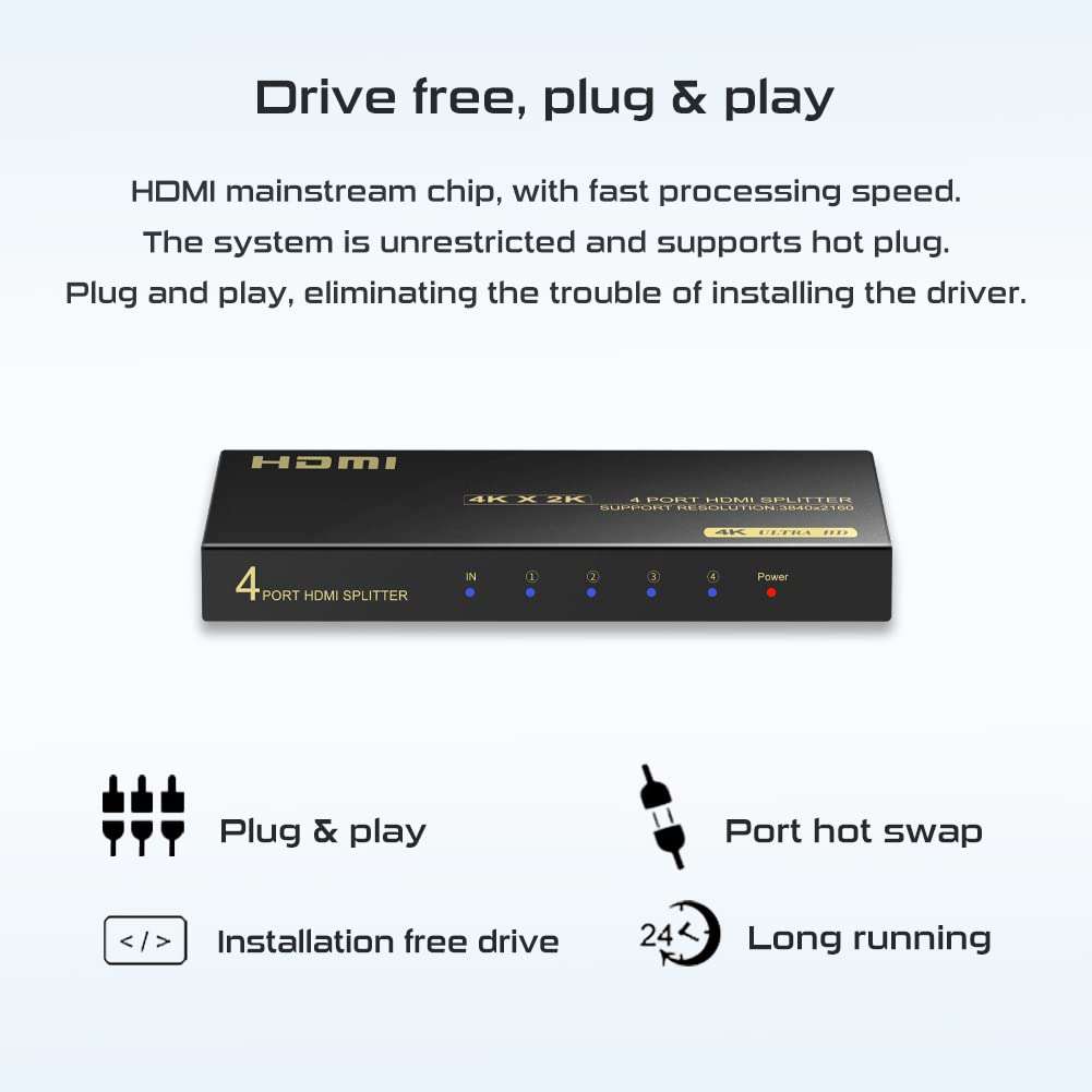 4K HDMI Splitter 1 in 4 Out, HDMI Splitter 1 Input 4 Output Support 4K 60Hz Full HD 1080P and 3D, Compatible with Xbox PS3/4 Roku Blu-Ray Player 5