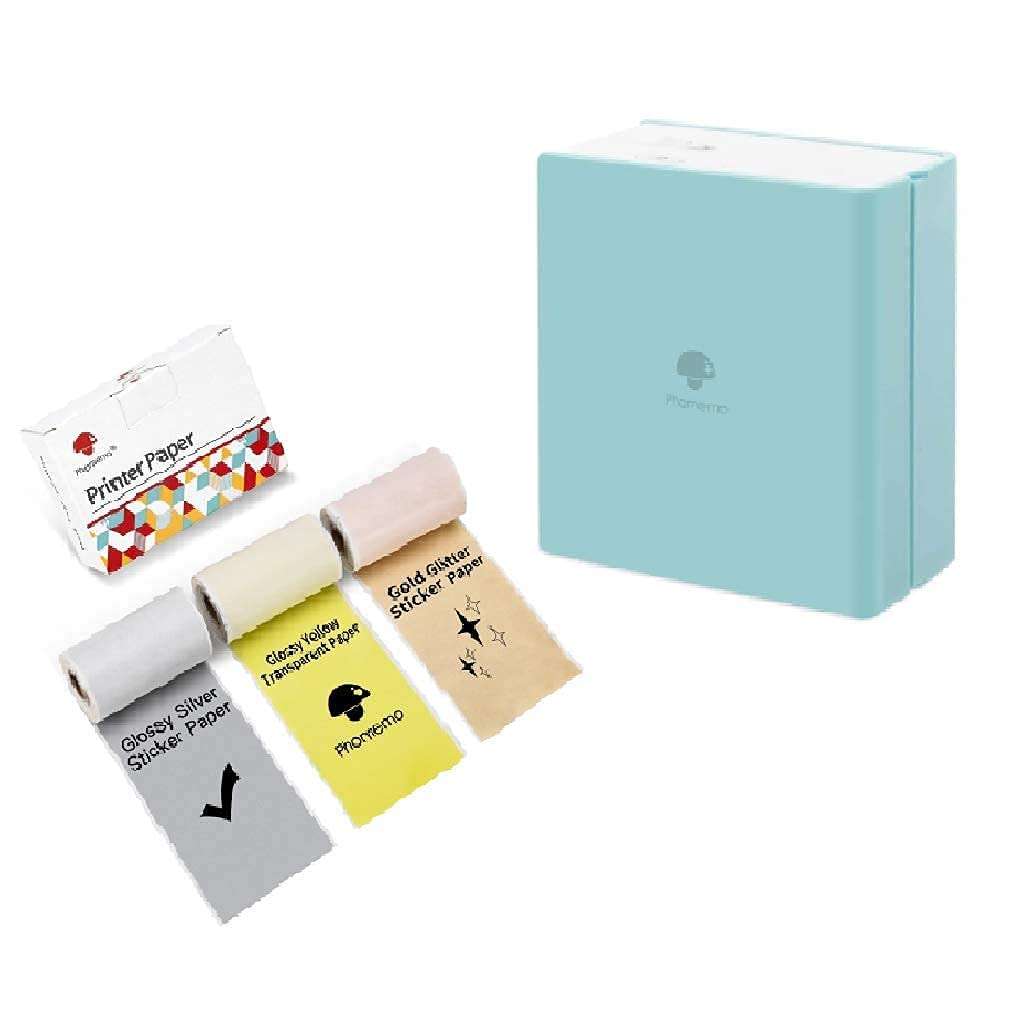 Phomemo M02 Pocket Printer with 1 Black on Glossy Yellow/Silver Transparent Paper, Gold Glitter Sticker Paper 1