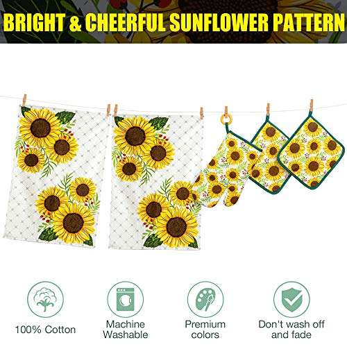 KOALAND Cute Sunflower Kitchen Towels 5 Piece Linen Set, 2 Oversized Tea Towels 2 Pot Holders 1 Oven Mitt, 100-percent Cotton Sunflower Decorative Dish Towels, Floral Pot Holders, Sunflowers Decor 2