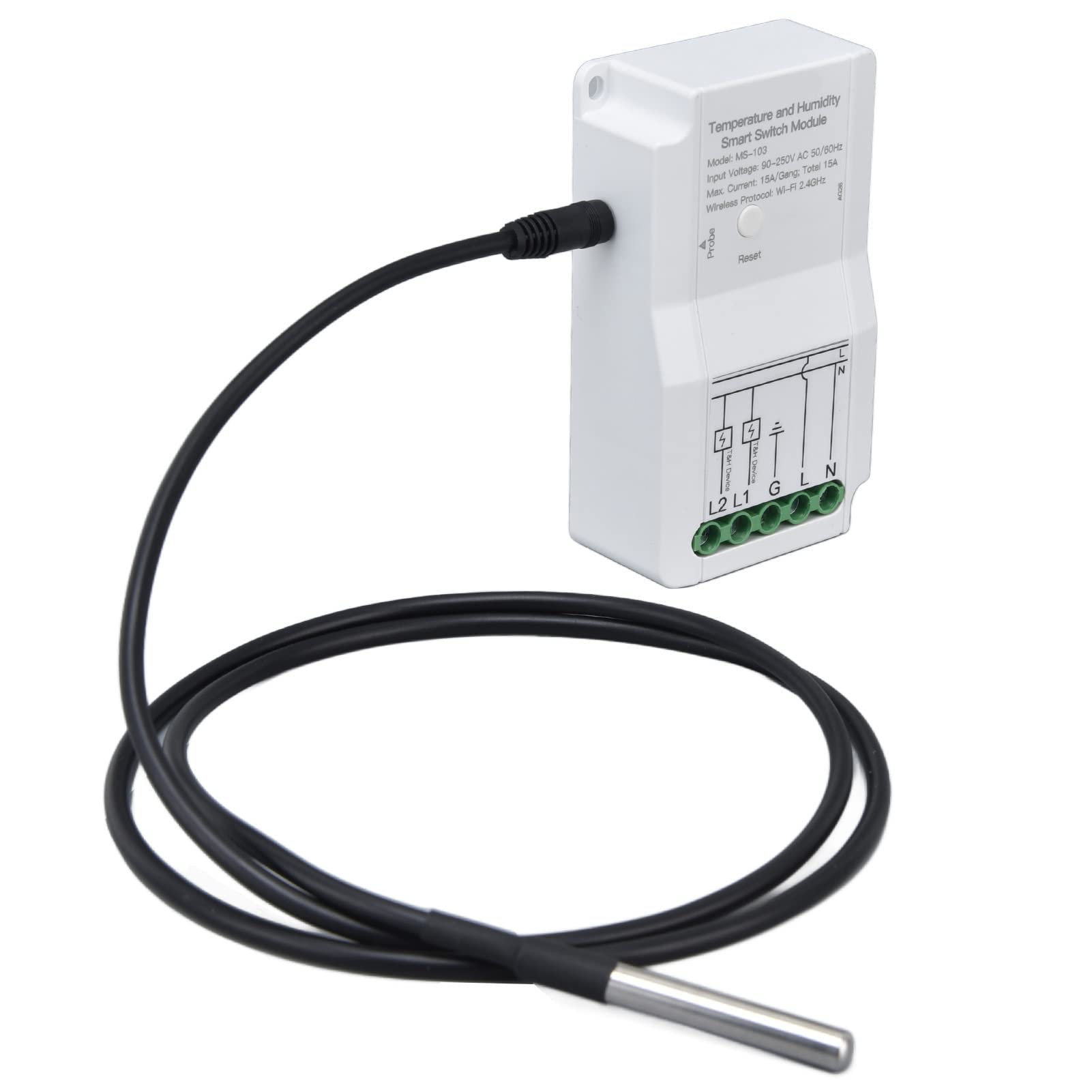 WiFi Smart Temperature Humidity Switch Module with Dual Relay Output, Temperature Probe, 90 250V Compatibility for TUYA Smart App, Cordless Remote Monitoring Control 3