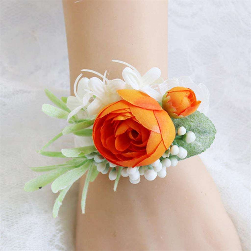 Fiwisora Bridal Corsage Orange Peony Buds Artificial Flowers Wedding Bridesmaid Wrist Corsage Flower Wristlet Greenery Plants Wristband for Wedding Prom Party Homecoming Orange Wrist Corsage 2