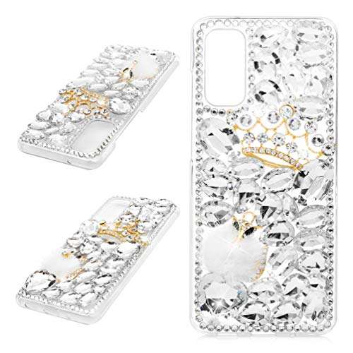 Galaxy S20 Case, Mavis's Diary Luxury 3D Handmade Bling Crystal Rhinestone Full Diamonds White Gems Crown and Fox with Fluff Hard PC Plastic Clear Protective Cover 3