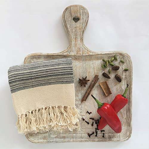 Rakaabi™ Cream with Woven Black Horizontal Lines and Bottom Tassels, Multi-Utility Dish Towel for Modern Kitchen, Dining, Café, Office, Wrap, Gift. Designer Export Quality. 28x18 inch