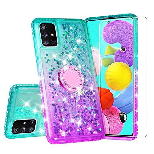 SOGA Rhinestone Liquid Quicksand Cover Cute Girl Phone Case Compatible for Samsung Galaxy A51 Case with Embedded Ring for Magnetic Car Mounts and Lanyard - Purple/Teal 1