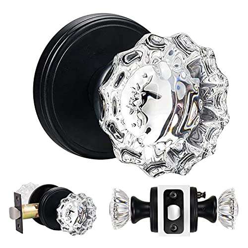 SHINY HANDLES Glass Door Knobs Interior, Vintage Privacy Clear Crystal Door Knobs with Lock for Bedroom Bathroom Matte Black 1