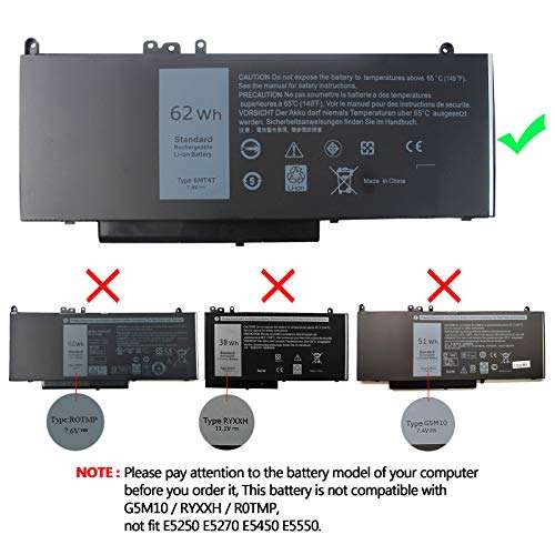 DMKAOLLK E5470 6MT4T 62WH Battery for Dell Latitude E5470 E5570 5470 5570 Precision 3510 Series Notebook TXF9M WTG3T 7V69Y 07V69Y 79VRK 0C1P4 451-BBUN 451-BBUP 451-BBTW 7.2V 2