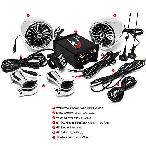 GoHawk TJ4 2.1 Channel Amplifier 4" Full Range Waterproof Bluetooth Motorcycle Stereo Speakers Audio System AUX FM Radio for 1 to 1-1/4 in. Handlebar Harley Can-Am ATV UTV RZR Polaris 3