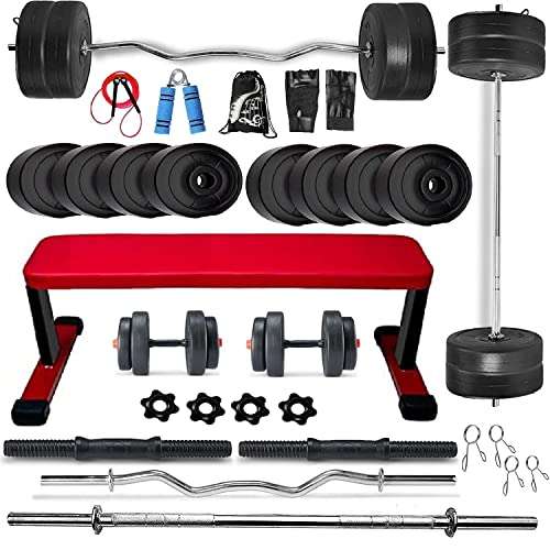 BODYFIT Home Gym Set Combo, Home Gym Kit, Gym Equipments, (15-100 Kg) with 3Ft Curl,5Ft Straight Rod, Flat Bench,14 inch Dumbbell Rods with Weight Plates, Exercise Set (40KG COMBO SET)