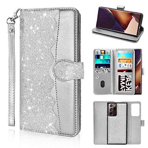 Newseego Compatible with Samsung Galaxy Note 20 Ultra Leather Case, Glitter Faux PU Leather Magnetic Closure Multi-Credit Card Slot Cash Holder Detachable 2 in 1 Wallet Cover with Wrist Strap-Silver 1