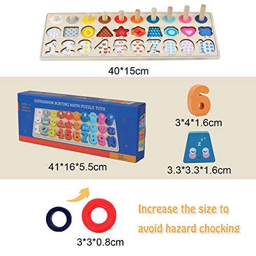 QZMTOY Wooden Montessori Toys for Kids, Toddler Number Puzzles Sorter Counting Shape Stacker Stacking Game Preschool Toys for Boy Girl Learning Education Math Blocks Chunky Puzzles Gift for Toddlers 6