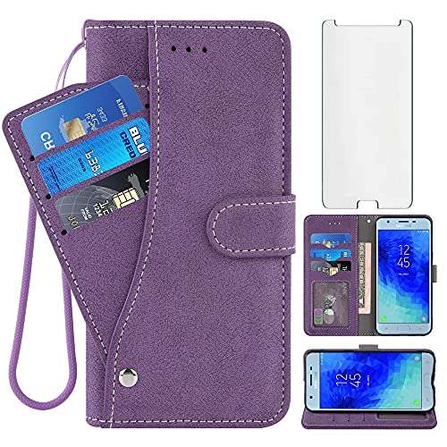 Compatible with Samsung Galaxy J3 Orbit J 3 Star 2018 3J Achieve Wallet Case Tempered Glass Screen Protector Flip Credit Card Holder Stand Cell Phone Cover for J3V V 3rd Gen SM J337A J337V J337 Purple 1