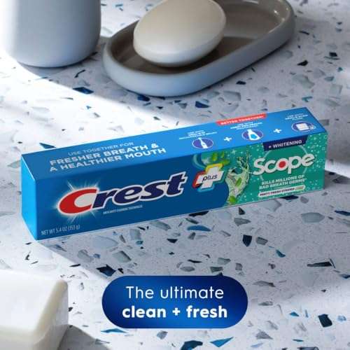 Crest + Scope Whitening Toothpaste - Pack of 3, 5.4 Oz Tubes - Anticavity Fluoride Toothpaste, Fresh Breath, Kills Germs - Tartar Protection, Enamel Protection - Minty Fresh Flavor 2