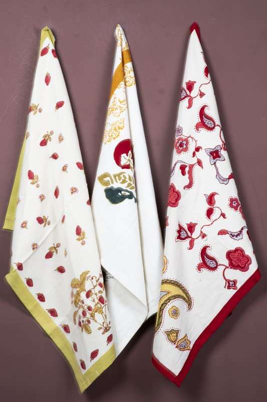 CONTRAST LIVING Sostika Hand Block Printed Kitchen Towel/Dish Towel/Hand Towel Multi Color Set of 3 Pcs 1
