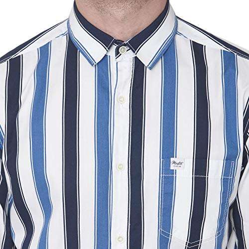Mufti Men's Striped Casual Shirt (FLS-0110_White-Blue L) 6
