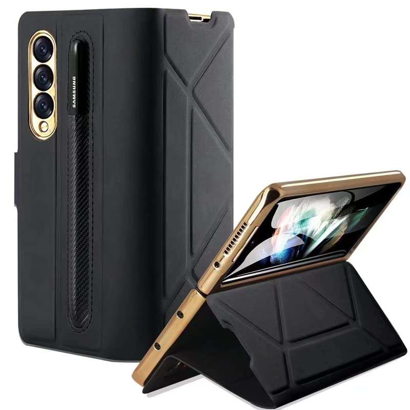 SkyTree Wallet Case with S Pen Holder for Samsung Galaxy Z Fold 4 2022 Folding Wallet Case Cover with Screen Protector, Leather Flip Cover for Samsung Galaxy Z Fold 4 5G - Black