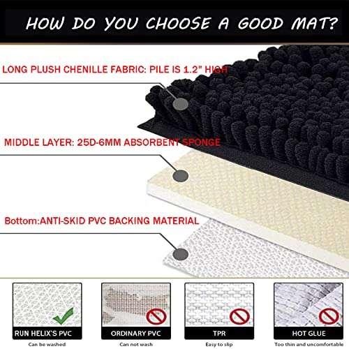 Bathroom Rugs Sets 4 Piece, Chenille Bath Rug Non-Slip Bath Mats with Soft Plush PVC Backing Water Absorbent Carpet 1'' Quick Dry Microfiber Toilet Mat, Black 4
