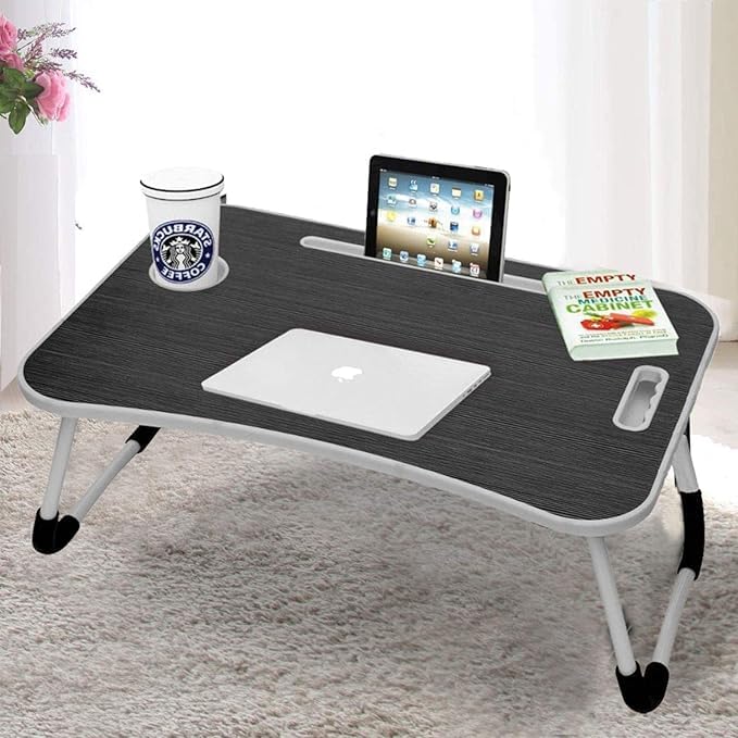 Gitment Laptop Table for Bed & Sofa, Foldable Desk with Cup Holder, Drawer & Built-in USB Hub with Free Mini Fan, LED Lamp