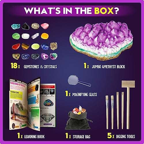 XXTOYS Gemstone Dig Kit - Dig Up 18 Real Gemstones and Crystals - Science Kits for Kids, STEM Toys for Age 6-8, Great Educational Geology Gifts for Boys & Girls Ages 5-7 6