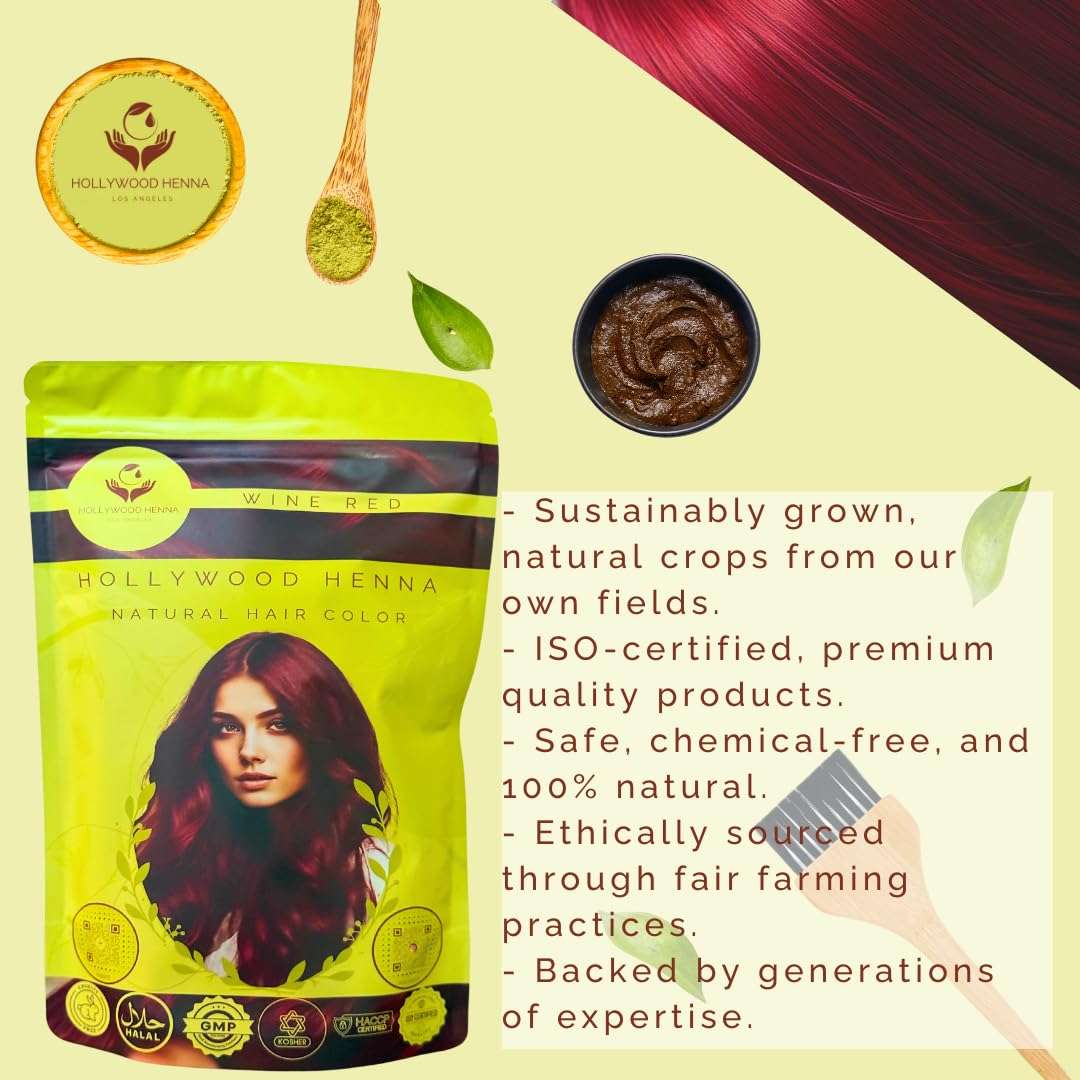 Hollywood Henna Hair Color (Wine Red) Organic Color Hair Beard Dye (Pack of 1-227g) Henna Based Hair Colors with Pure Herbs Free Chemicals Long Lasting Natural Hair Dye for Men & Women Gift 6