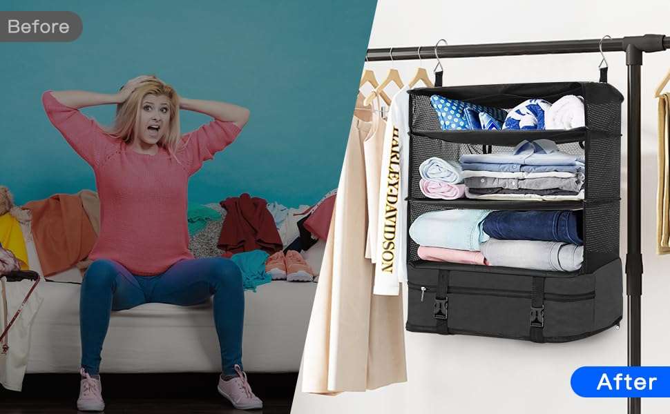 Kitwe Portable Hanging Travel Shelves, Suitcase Organizer, Packing Cubes for Travel, Carry-On Closet Insert, X-Large Capacity Travel Bags Collapsible 6