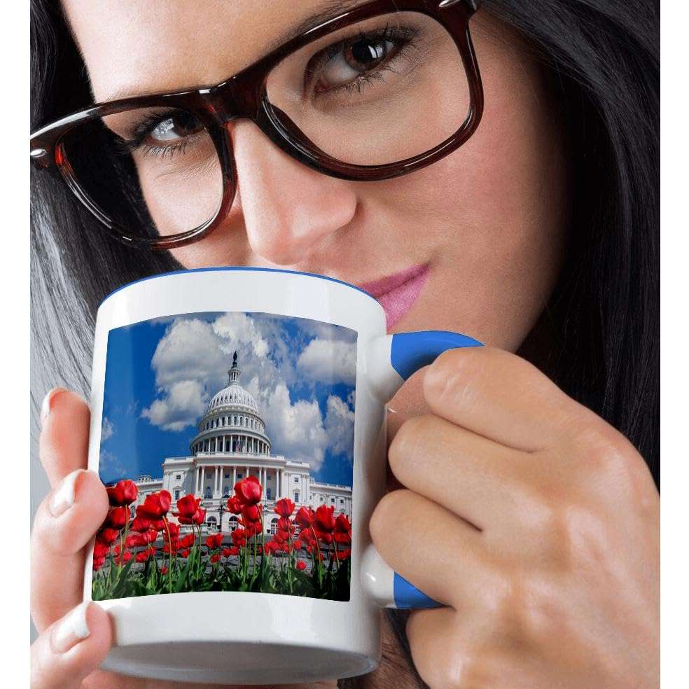 3dRose Washington DC, tulips bloom in front of the Capitol building 15oz Two-Tone Blue Mug 2