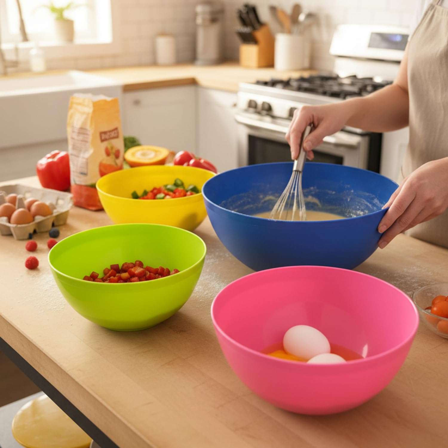 Gluman 4-Piece Mixing Bowl Set | Opaque Multi-Color Plastic Kitchen Bowls for Baking, Cooking, Meal Prep & Serving | Lightweight, Dishwasher Safe |Stackable Bowls (3200ml, 2000ml, 1350ml, 850ml) 6