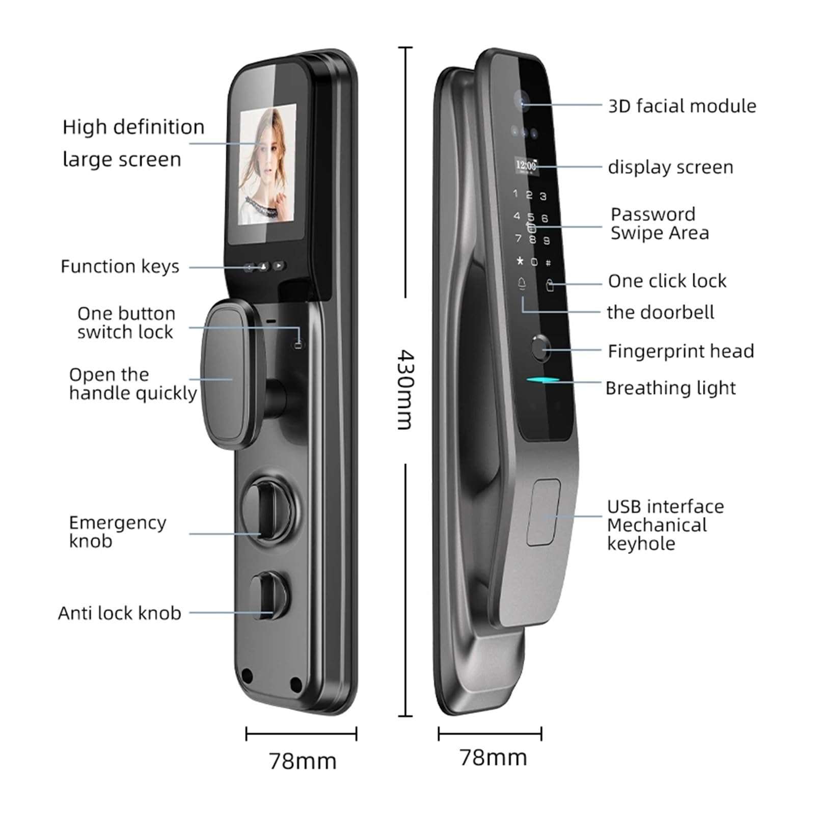 KIEEQGAK 3D Face Recognition Tuya WiFi Lock，Smart Door Lock，with Capture Camera Intelligent Electronic Lock，Digital Door Lock 6