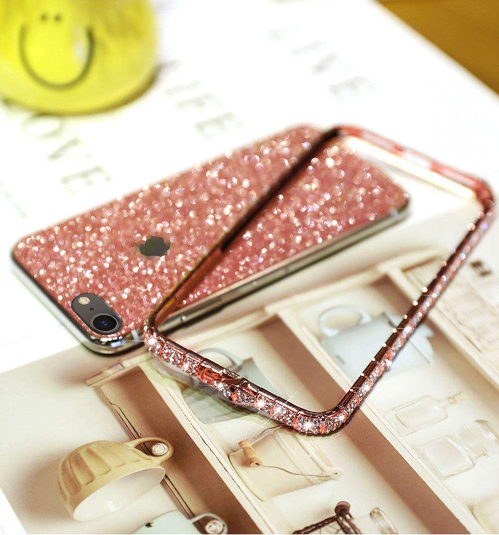 Case for iPhone 7 Cover,Girls and Women Luxury Sparkly Bling Glitter Rhinestone Diamond Metal Button Bumper Case Cover & Shiny Glitter Sticker Protective Cover for iPhone 7 Diamond Case,Rose Gold 5