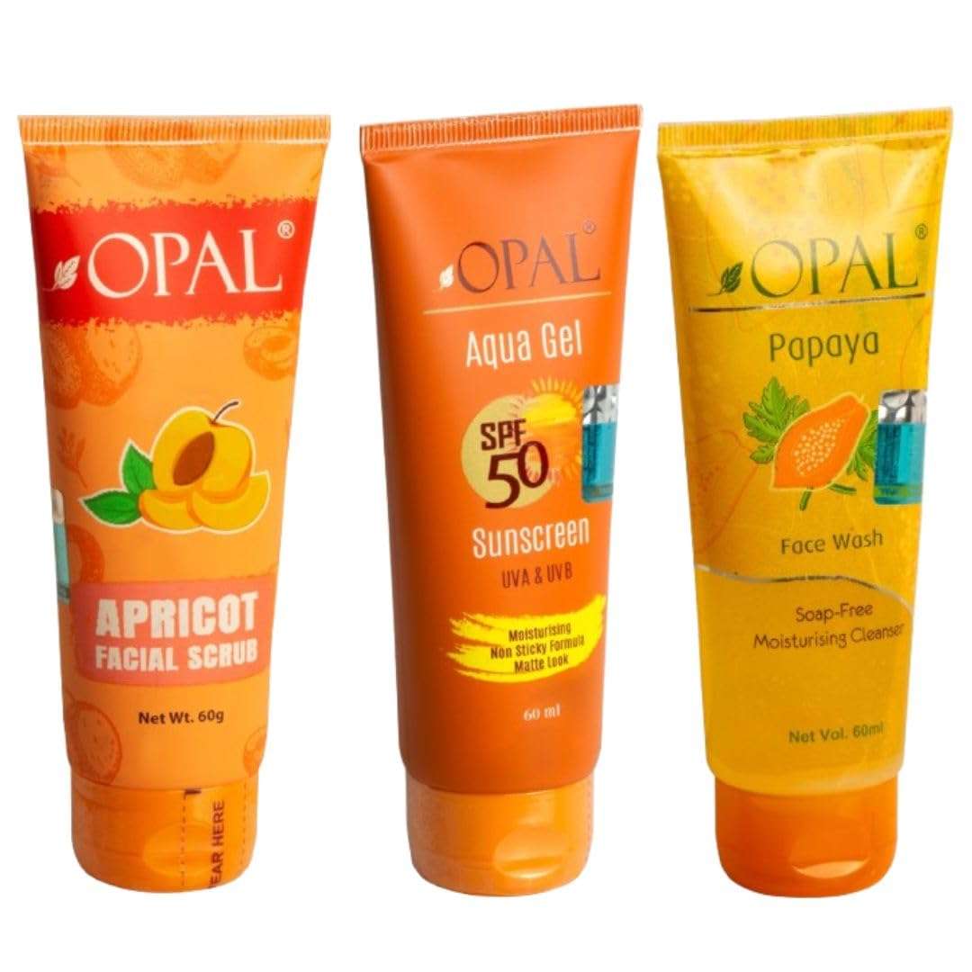 OPAL Pack of 3 Included Apricot Face Scurb (60ml), Papaya Face Wash (60ml), Sunscreen Lotion SPF 50 (60 ml) for Deep Cleansing & Refreshing Skin - Sun Protection Combo Pack | Tan Removal Combo 1