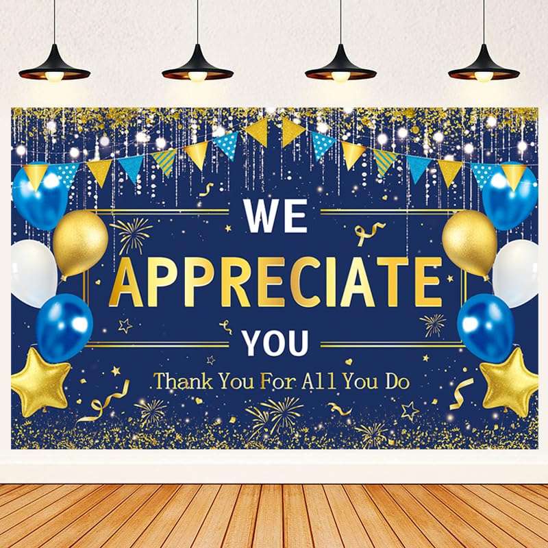 We Appreciate You Banner Backdrop, Blue Gold Thank You for All You Do Backdrop Party Decorations, 5.9×3.6ft, Pastor Employee Teacher Doctor Nurse Staff Thanks Party Supplies 1