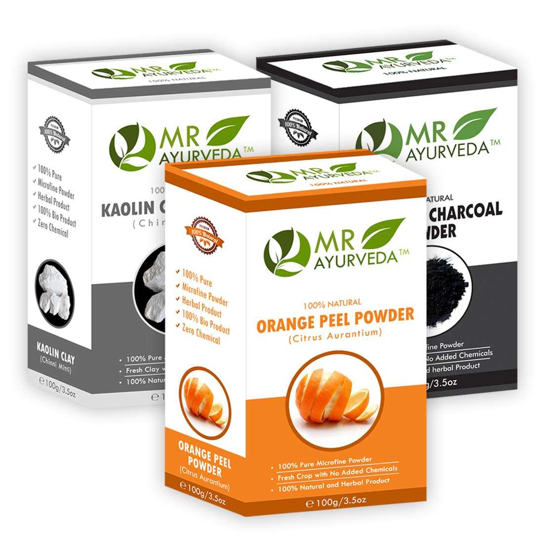 MR Ayurveda 100% Organic Kaolin Clay Powder, Orange Peel Powder & Activated Charcoal Powder - Set of 3 (100 Grams Each) 1