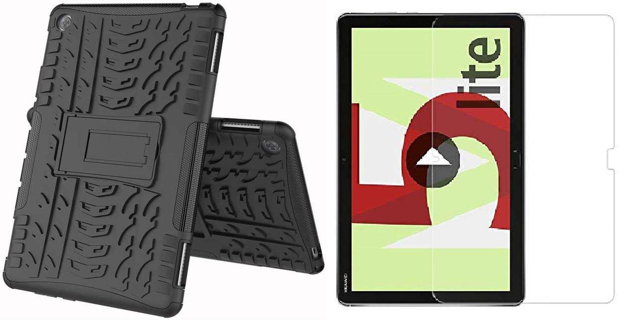 Fitsmart Shockproof Armor Heavy Duty Dazzle Case with Stand Double Protective Back Cover + 1 Tempered Glass for Huawei BAH2-W19 - Black (Combo Pack) 1