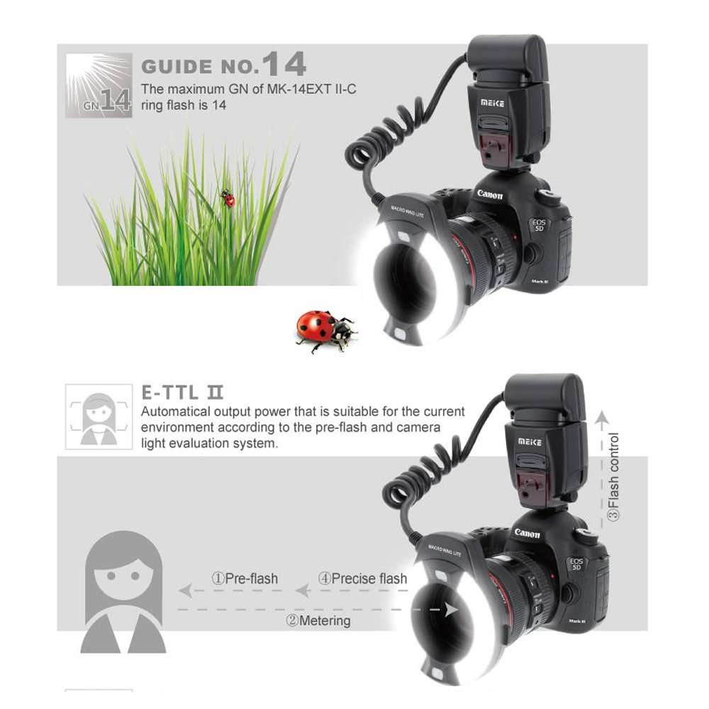 Meike MK-14EXT LED E-TTL Macro Ring Flash For Canon 5D II III 6D 7D 60D 70D 700D SLR Camera with 7 Adapter Ring 4