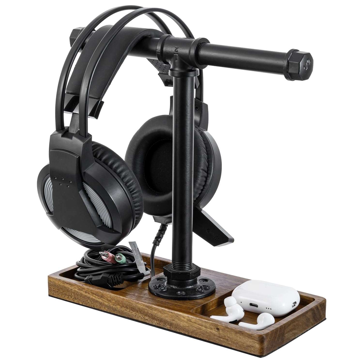MyGift Premium Acacia Solid Wood and Industrial Black Metal Pipe T-Bar Over Ear Headphones Holder, Tabletop Dual Headphone Display Stand with Accessories Tray 1
