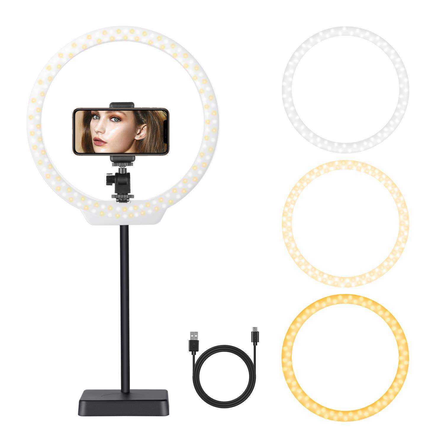 Neewer 10 inches USB-Powered LED Ring Light: 2-Power 5W/10W Dimmable Bi-color 3200-5500K On-Camera Light with Stand Base, Soft Tube, Cellphone Clamp for YouTube Videos, Make Up, Beauty, Live Streaming 1