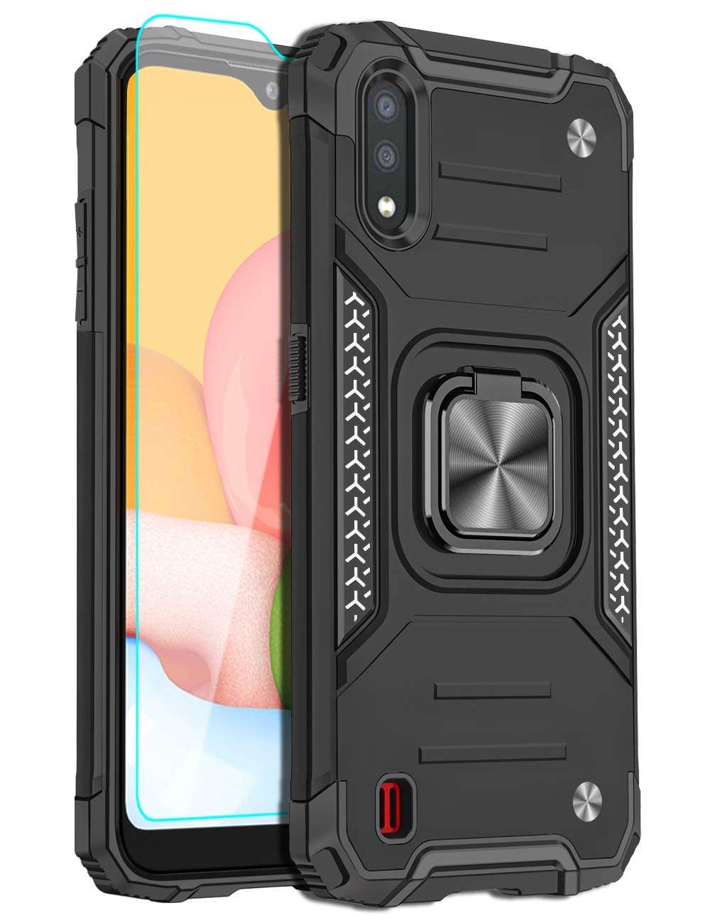 LEEGU for Samsung Galaxy A01 Case, Military Grade Heavy Duty Armor Protection Phone Case 15ft. Drop Tested Cover with Magnetic Ring Kickstand and HD Screen Protector for Samsung A01, Black 1