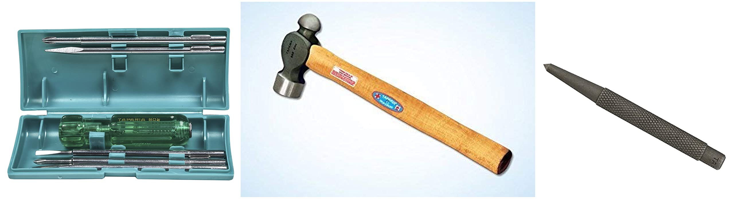 Taparia (500g) Ball Pein Hammer with Handle (Brown and Black)&TAPARIA 802 Screw Driver Set with Neon Bulb (Silver/Blue), 1 Piece&Taparia (150mm) Centre Punch Drift Punch (Grey)