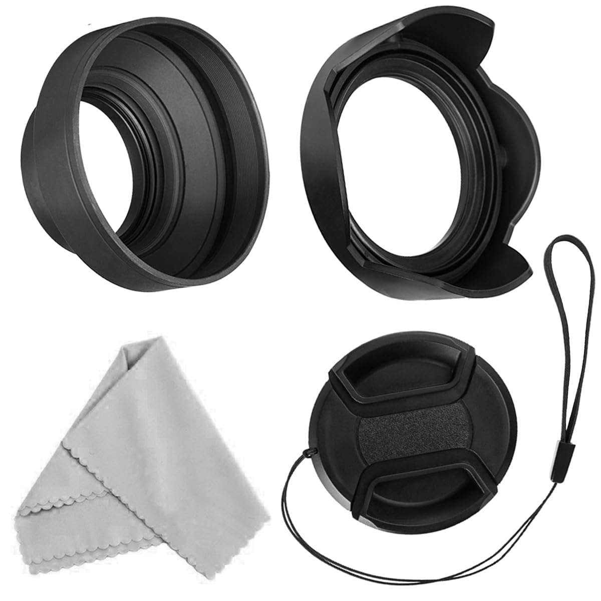 58mm Lens Hood Set, Collapsible Rubber Lens Hood with Filter Thread + Reversible Tulip Flower Lens Hood + Center Pinch Lens Cap + Microfiber Lens Cleaning Cloth 1