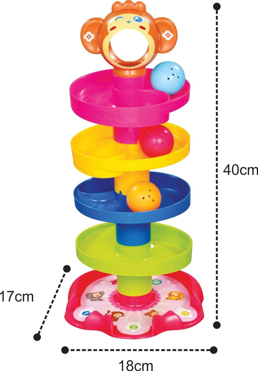 BLISSBORN Monkey Ball Drop Toy for Babies and Toddlers | New 5 Layer Tower Run with Swirling Ramps and 3 Puzzle Rattle Balls | Best Educational Development Toy Set for Kids 5