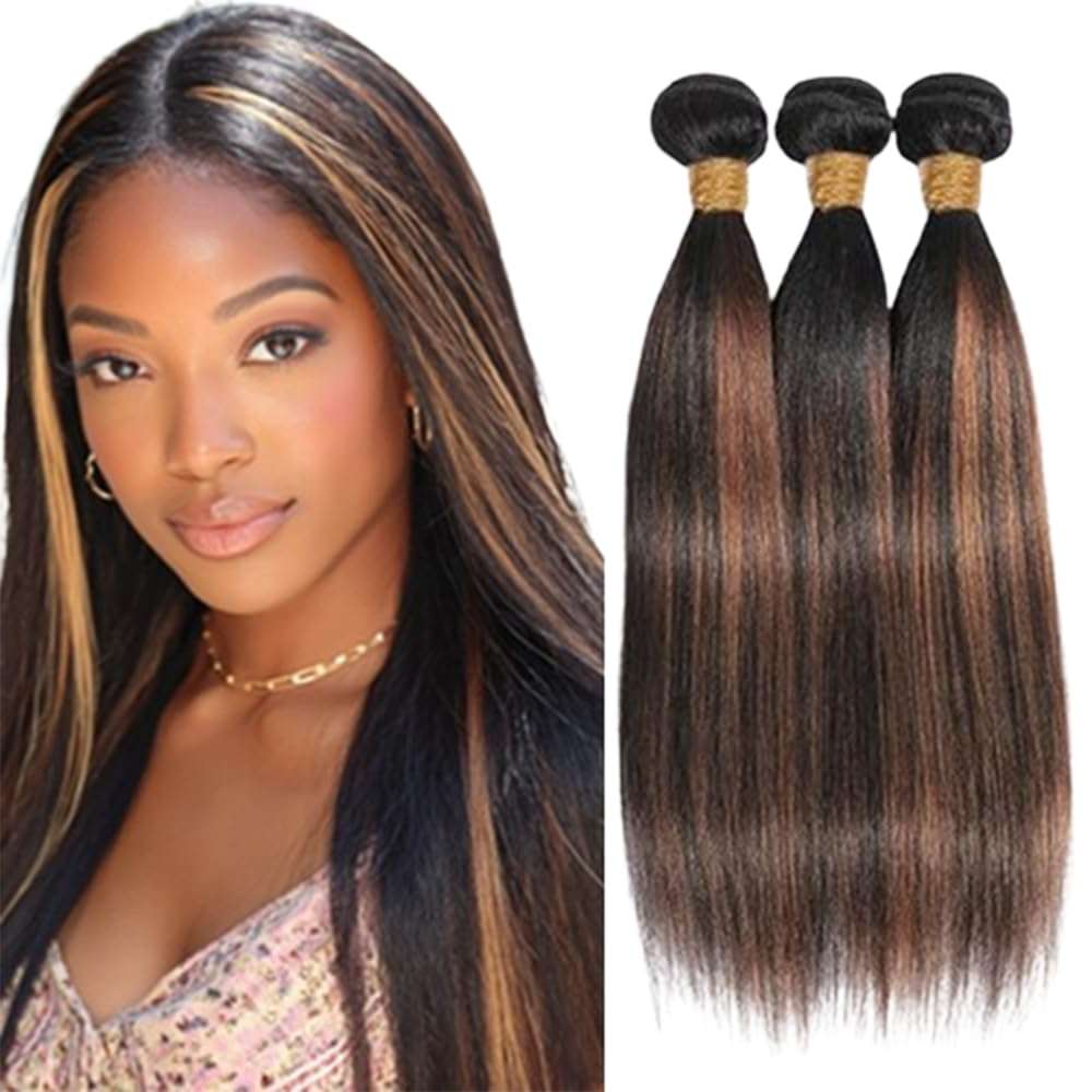 BilltiiWW Highlight Straight P1B30 Hair #1B Mixed With #30 Straight Bundles two tone Brazilian Human Hair Wavy Weave With Soft and Silky for Women 10 12 14 Inch 1