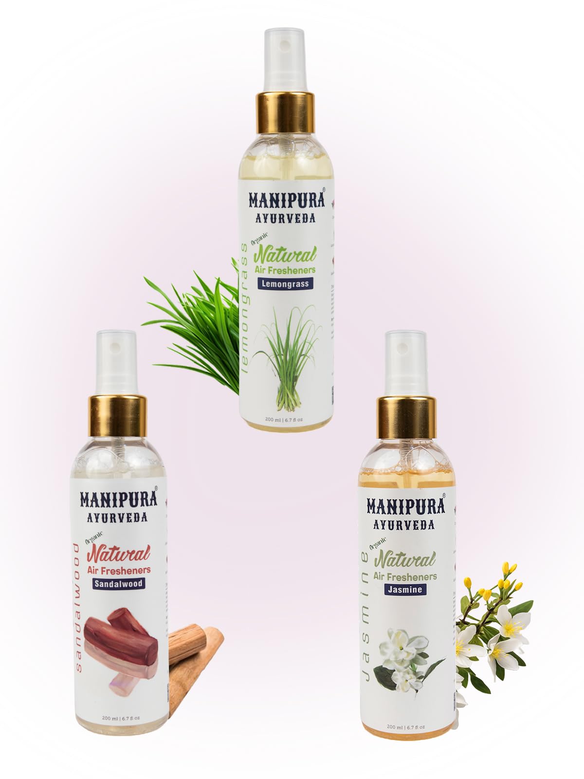 MANIPURA AYURVEDA Air Freshener Combo Pack – Lemongrass, Sandalwood & Jasmine | 200 ml Each | With Essential Oils | For Room, Office & Car
