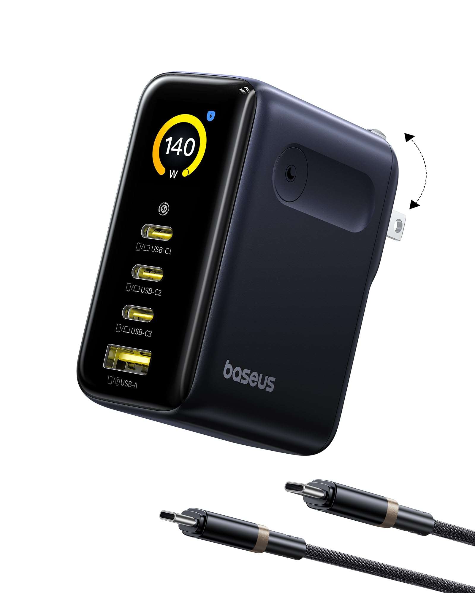 Baseus Picogo 140W USB C Charger, 4-Port Multi-Device Fast Charging Laptop Charger with Smart Display & Touch Control, GaN Power Adapter for MacBook Pro, iPhone 17/16, Pixel, Steam Deck 1